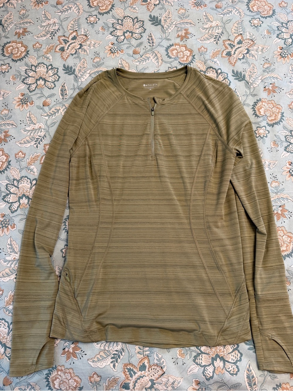 Athleta Men's Olive Striped Long-Sleeve Half-Zip Performance Top